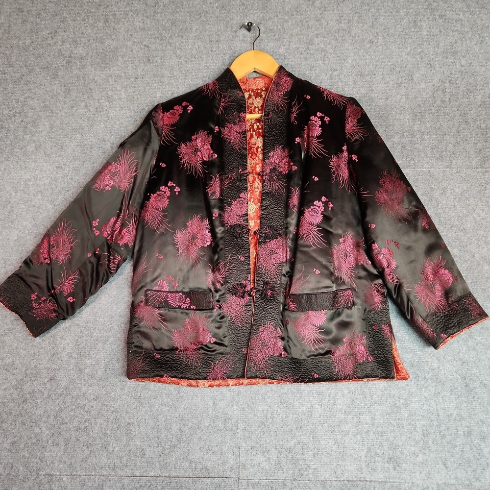 Vintage PEONY Brand Golden Leaf reversible satin asian jacket red black Sz. L